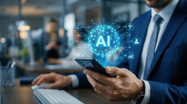 Digital transformation concept featuring a businessman managing data analytics and cyber security via smartphone.