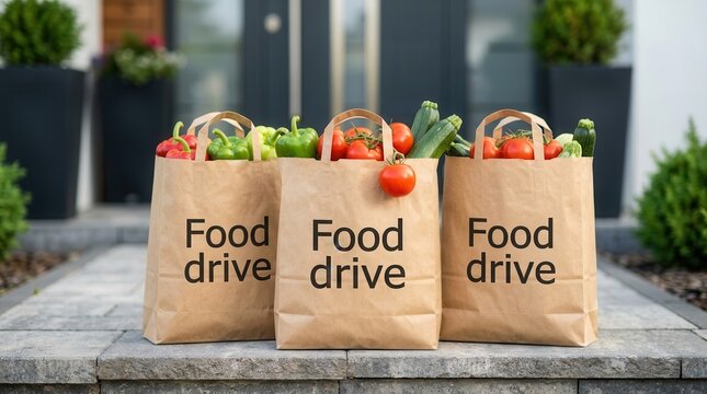 Volunteers preparing food drive donations with fresh produce in brown paper bags.