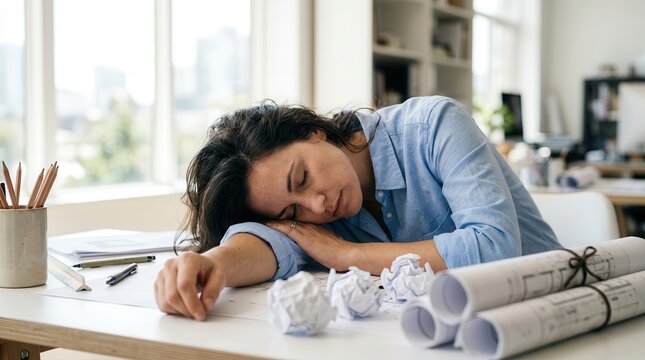 Exhausted female professional sleeping on her desk next to architectural blueprints and crumpled paper.