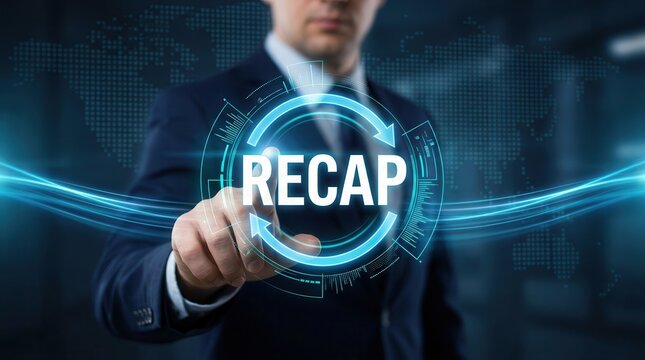 Financial market recap and budget planning overview with a businessman interacting with a digital interface.