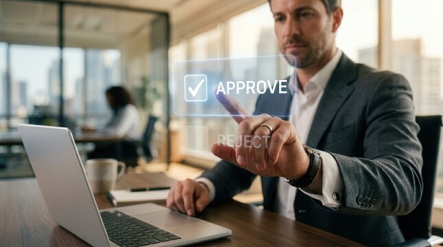 A professional businessman selects the approve option on a digital interface for quality document control.
