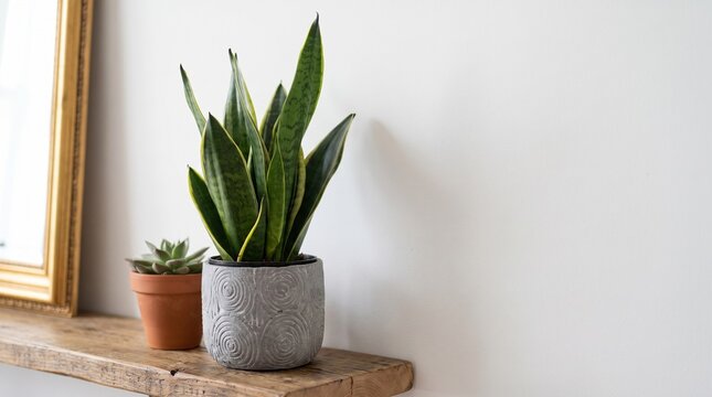 Stylish Snake Plant and Succulent on Rustic Wooden Shelf