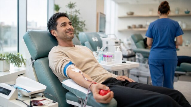 Man donating blood in modern clinic. Smiling guy sitting in comfortable medical chair for blood donation procedure. Nurse working in background.
