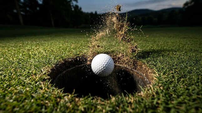 Dynamic action shot of a white golf ball dropping into the cup on a lush green putting surface with dirt and grass debris splashing up.