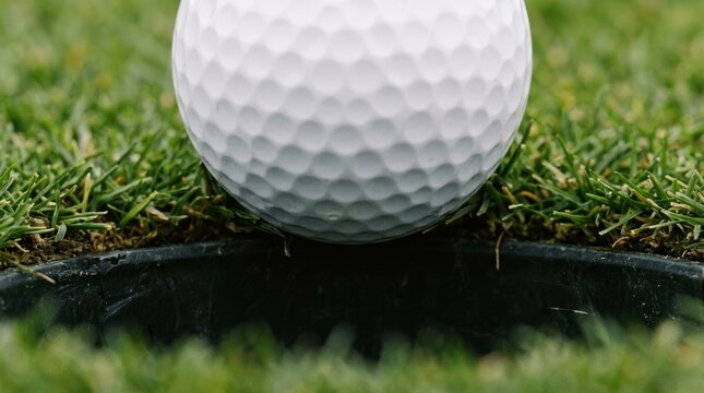Extreme close-up of a white golf ball resting dangerously close to the edge of the dark cup on a vibrant, manicured putting green.