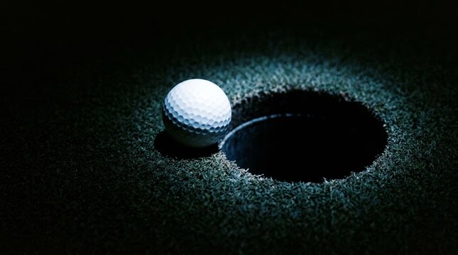Close-up of a brightly illuminated golf ball on the very edge of a dark hole, surrounded by deep shadows on the green.