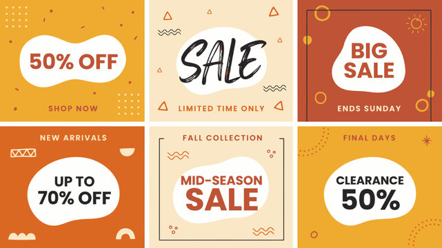 Set of six modern social media templates for autumn sales featuring organic shapes and abstract doodle elements in warm earthy tones for retail promotion