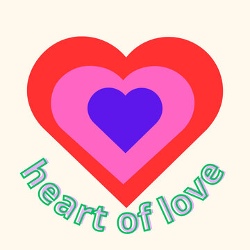 Malang, East Java, Indonesia &ndash; August 4, 2026: A vector illustration featuring a vibrant, layered heart graphic with the text "heart of love." A cheerful and cute retro-style design.