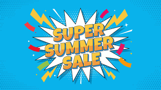 A vibrant pop art style super summer sale banner featuring bold typography with confetti and lightning bolt elements on a bright blue dotted background
