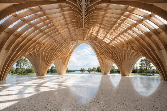 Modern Sustainable Timber Pavilion with Curved Wooden Architecture and Open Nature Landscape