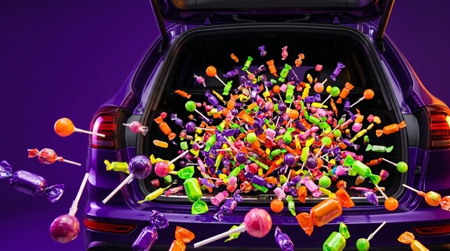 A colorful assortment of candies overflowing from a car boot for a Trunk Or Treat community holiday event.