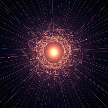 Abstract visualization of repetitive shapes trapped in a geometric void, symbolizing confirmation bias and filtered information networks, reflection, symmetry, modern