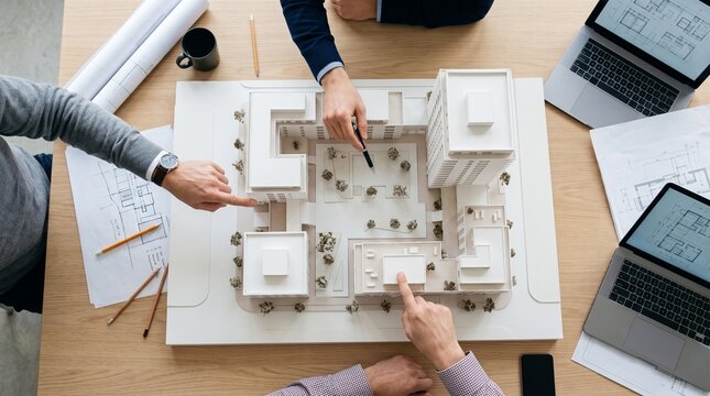 Team discusses architectural model during a design meeting at an office in the afternoon