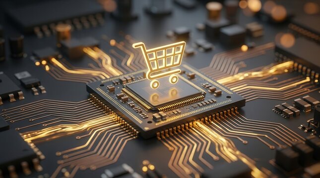 Ecommerce digitization development symbolized by a glowing shopping cart icon on a circuit board.