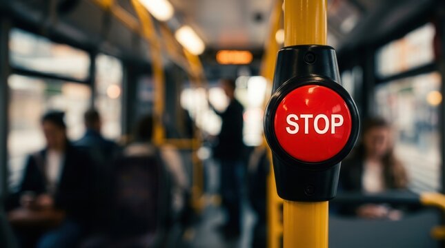 Daily travel in the city featuring a prominent stop button inside a public bus.