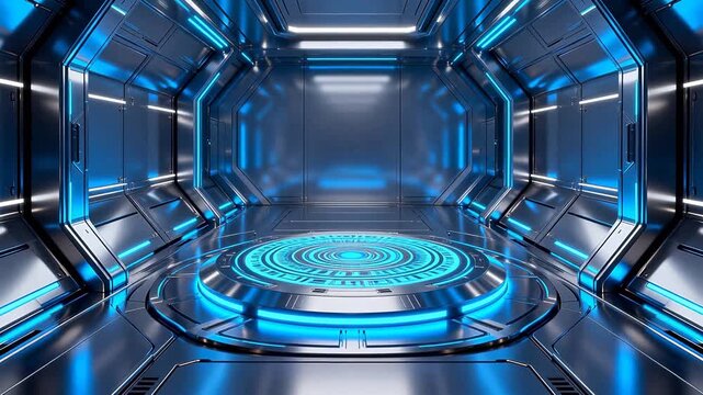 Futuristic metallic corridor with blue lights