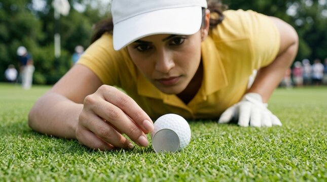 Dedicated female golfer in a yellow polo lying down low on the putting green to get a perfect read and accurately mark her golf ball.
