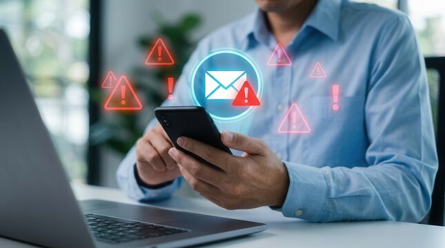 A person using a mobile phone with fake text email scam alerts.