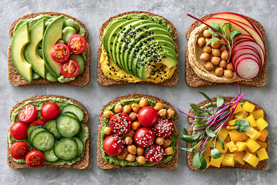 Six slices of bread topped with fresh, colorful ingredients: avocado, cucumbers, cherry tomatoes, hummus, chickpeas, bell peppers.