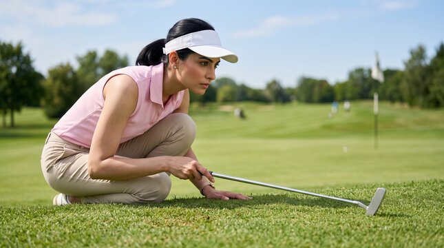 Female golfer in a pink sleeveless top and white visor crouching low on the grass to carefully read the break of the putting green.