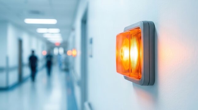 Medical emergency alert light on a hospital wall within a clean clinic environment.
