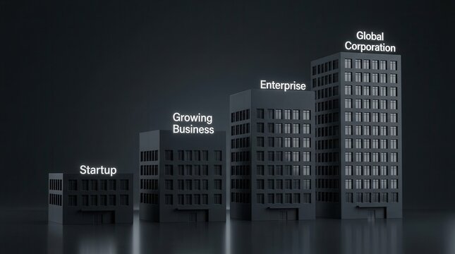 A conceptual 3D render of company size categories showing business scale from Startup to Global Corporation.