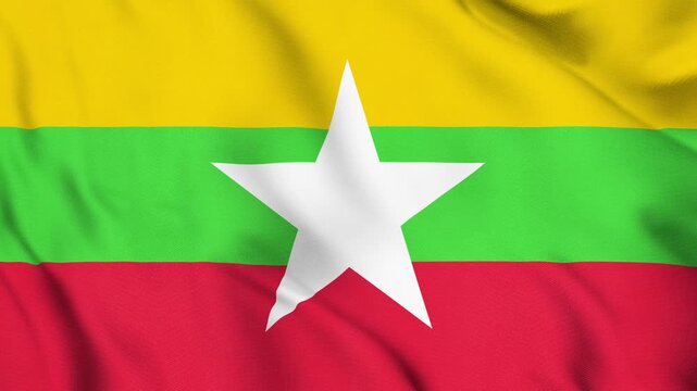 Myanmar National Flag Waving in Wind with Realistic Fabric Texture, Seamless Loop Animation 4K