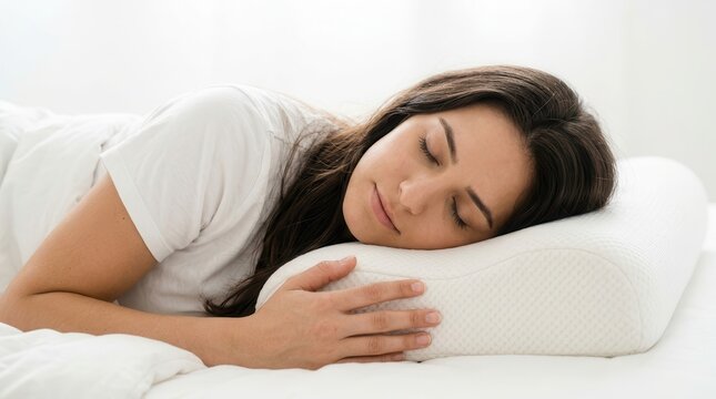 Young woman enjoying deep sleep on an ergonomic memory foam pillow against a light background.