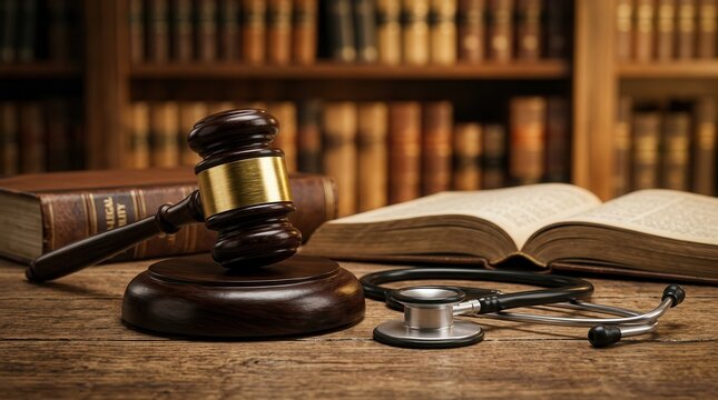Legal and medical professional items including a gavel, stethoscope, and law book in a courtroom setting.