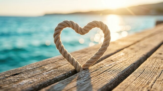 Symbol of love and connection featuring a rope heart on a wooden deck near the ocean.