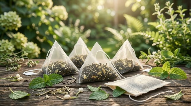 Natural herbal tea bags containing green tea and lemon balm leaves for relaxation.