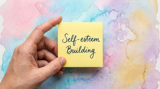 A handwritten note about self-esteem building on a yellow sticky note