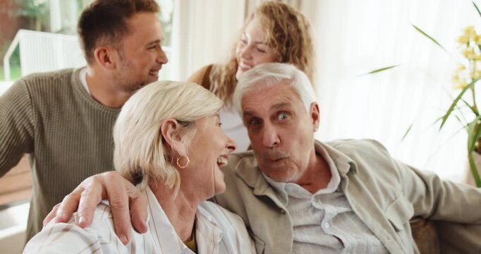 Happy, family and selfie with silly face in home for photography, funny picture or memory together. Portrait, mature mom and dad with adult daughter, son or smile on sofa for capture moment in house