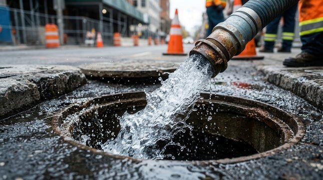Drain rehabilitation and sewer repair process with water being flushed into a manhole.
