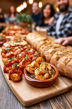 A lively wooden bar counter crowded with an assortment of authentic Spanish tapas and a group of friends in the background.