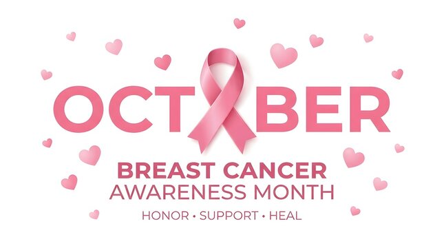 A vibrant graphic design featuring the word October with a pink ribbon replacing the letter A surrounded by floating heart shapes for awareness month.