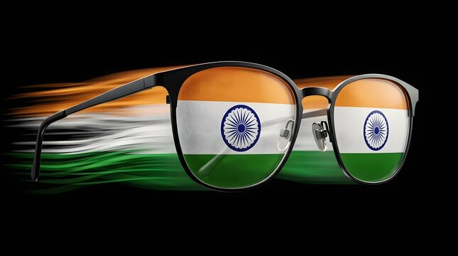 A pair of sleek modern spectacles featuring the vibrant colors and Ashoka Chakra of the Indian national flag with a dynamic motion blur effect
