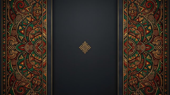 A sophisticated digital background featuring intricate African tribal patterns on the sides with a solid dark charcoal gray central panel and a small golden emblem