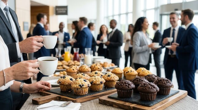 Close-up of a breakfast buffet with pastries and muffins at a corporate networking reception.