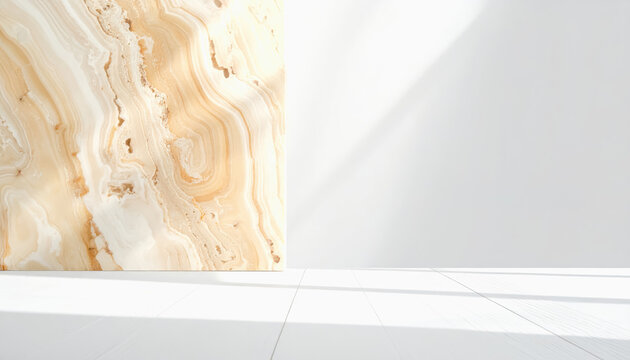 Warm toned marble slab with natural light casting shadows on a white wooden floor