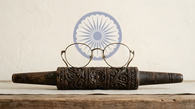 A pair of vintage round spectacles resting gracefully on an intricately carved wooden rolling pin against a soft, subtle background featuring the Ashoka Chakra emblem.