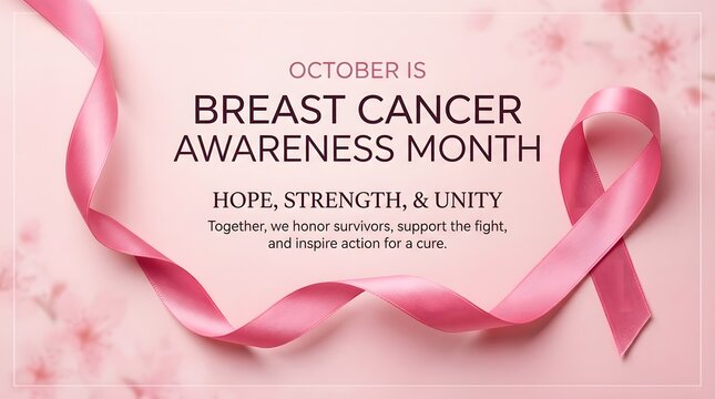 A beautifully designed digital graphic for Breast Cancer Awareness Month featuring a flowing pink ribbon on a soft pastel background with inspirational text overlays included.