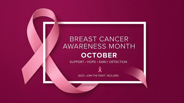 A professional Breast Cancer Awareness Month graphic featuring a soft pink ribbon wrapped around a white rectangular frame on a deep burgundy background surface design