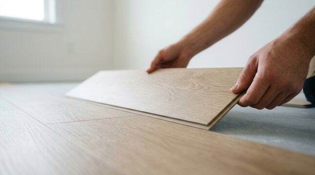 Home renovation process showing an installer fitting interlocking LVP plank on a wood-look floor.
