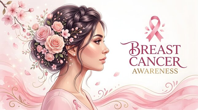 A beautiful portrait of a woman with elegant braided hair adorned with soft pink flowers next to a breast cancer awareness ribbon and text