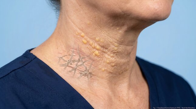 Elderly woman displays visible symptoms of neck skin texture changes and medical markers indicating potential xanthoma or dermatological conditions relevant to hereditary metabolic disorder clinical.