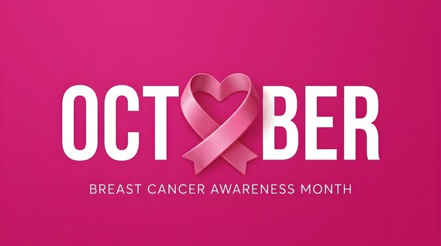 A vibrant digital graphic featuring the word October with a heart shaped pink ribbon replacing the letter O to signify Breast Cancer Awareness Month globally.