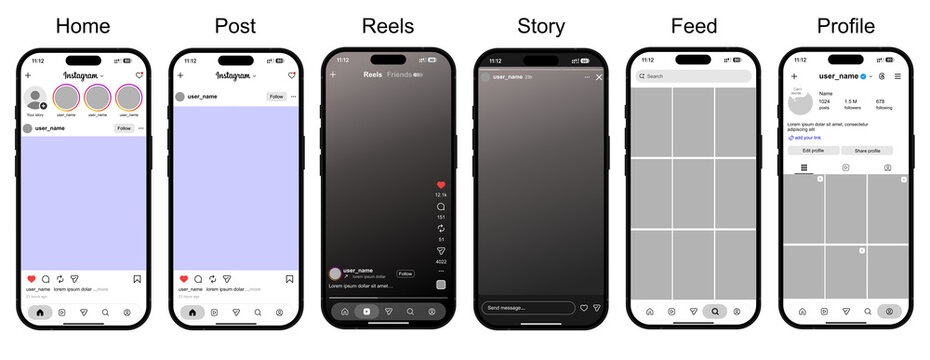Latest update of instagram post frame template mockup with liquid glass effect on iphone screen. different app ui pages like home, post, reels, story, search, profile, editorial vector