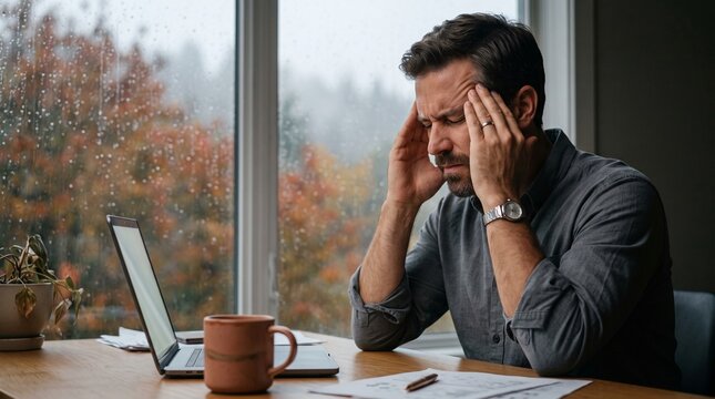 A portrait of a man rubbing temples in stress by a rainy window for seasonal affective disorder and sadness concepts.