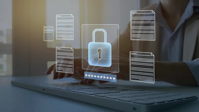 Secure document management concept featuring encrypted files, confidential business records, digital document protection, access control, cybersecurity, secure storage, compliance, and enterprise info